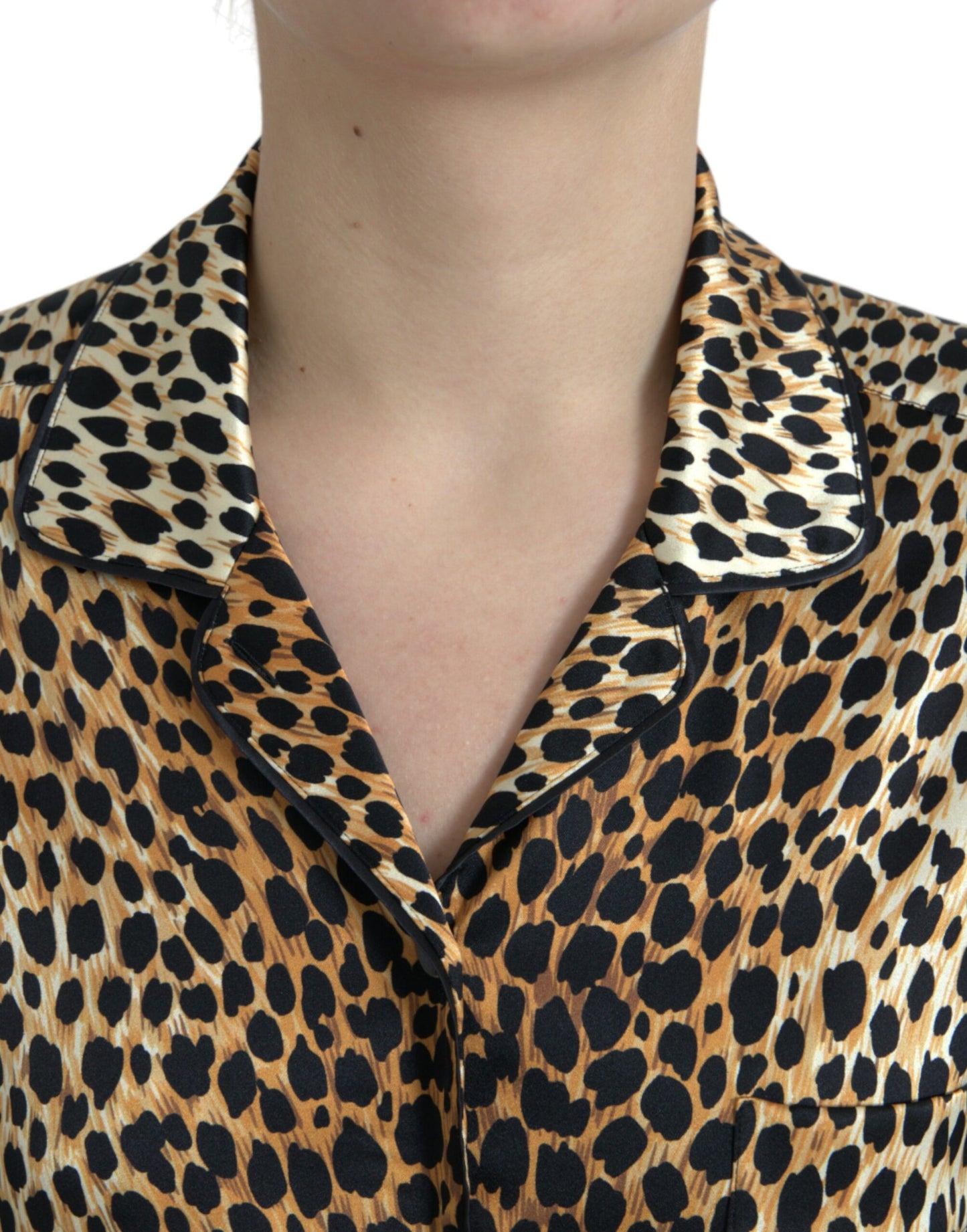  - Elegant Brown Animal Print Silk Blouse