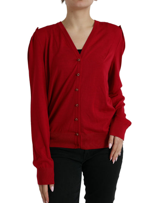  - Elegant Red V-Neck Wool Cardigan