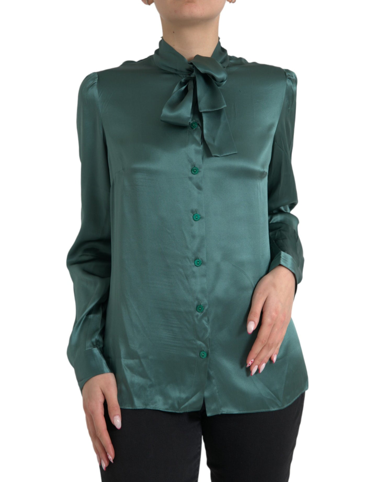  - Elegant Dark Green Silk Blouse Top