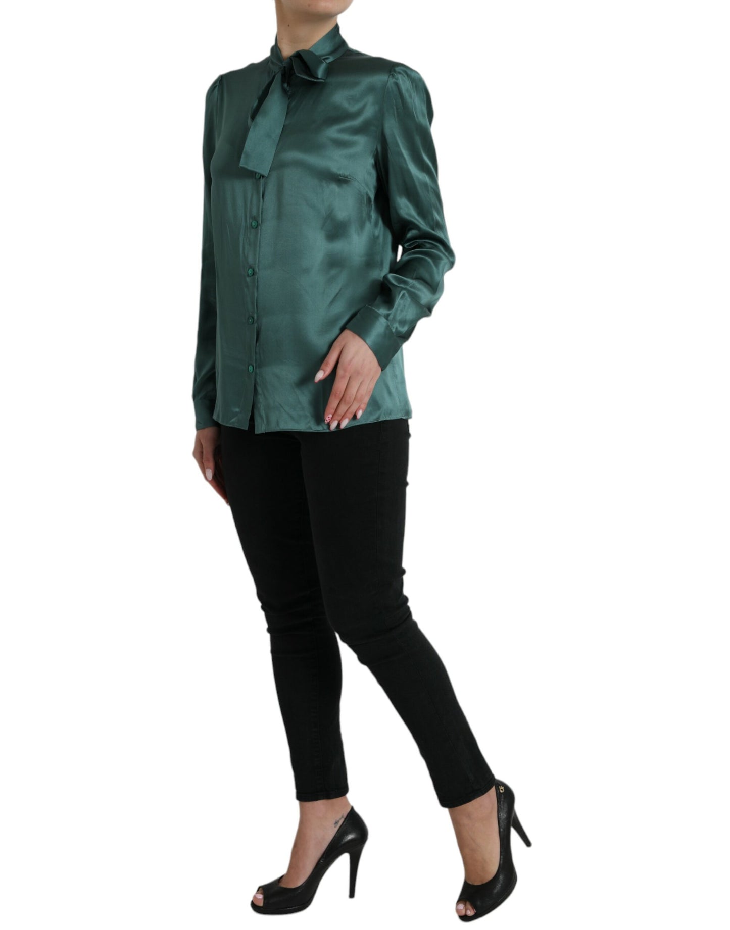  - Elegant Dark Green Silk Blouse Top