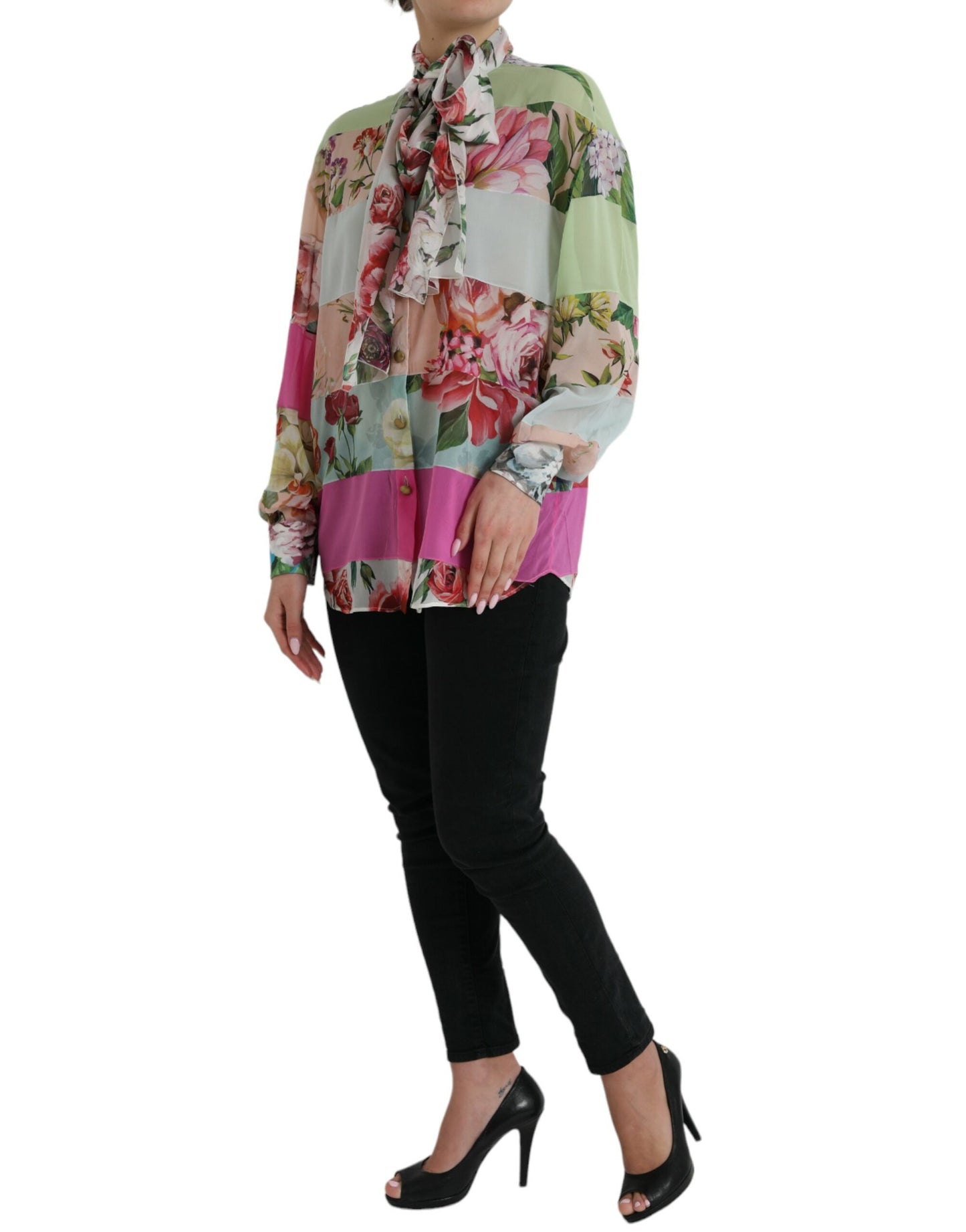  - Elegant Multicolor Silk Blend Long Sleeve Top