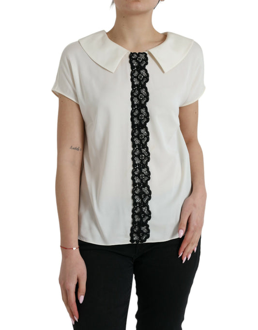  - Elegant Off-White Lace-Trim Silk Blouse