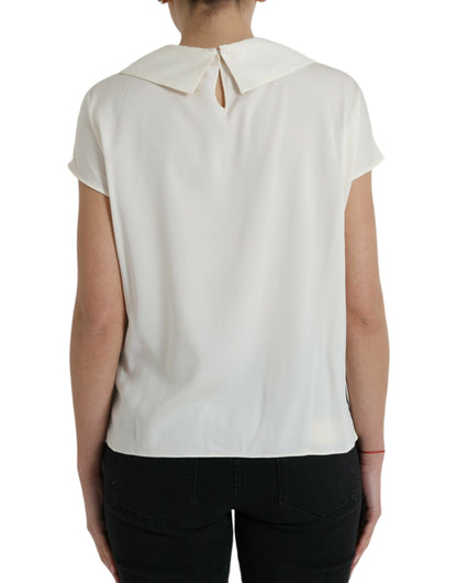  - Elegant Off-White Lace-Trim Silk Blouse