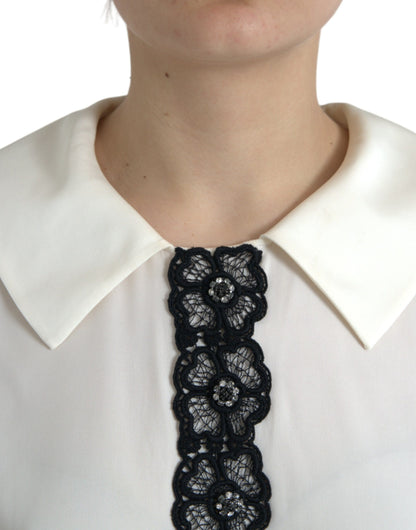  - Elegant Off-White Lace-Trim Silk Blouse