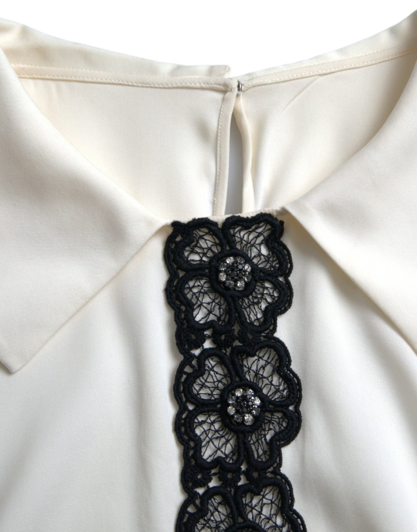  - Elegant Off-White Lace-Trim Silk Blouse