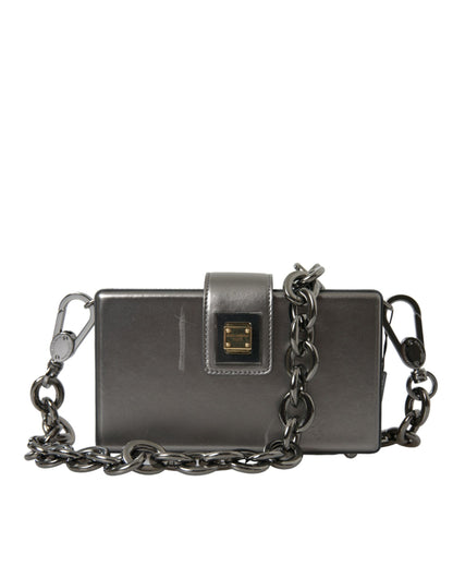  - Metallic Gray Calfskin Shoulder Bag with Chain Strap