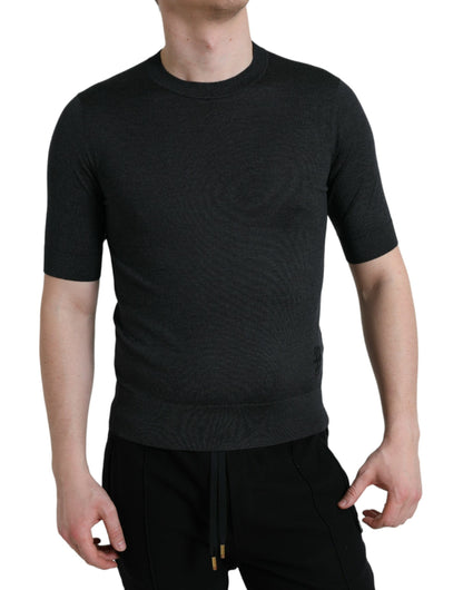  - Elegant Silk Crew Neck Tee in Dark Grey