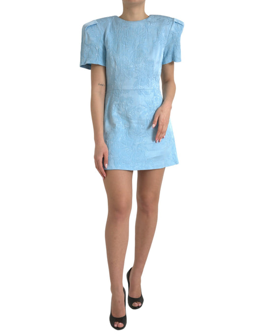  - Elegant Sky-Blue Floral Jacquard Mini Dress