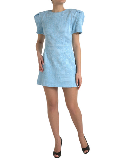  - Elegant Sky-Blue Floral Jacquard Mini Dress
