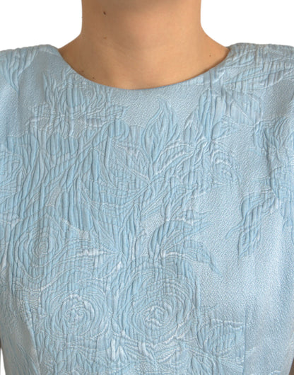  - Elegant Sky-Blue Floral Jacquard Mini Dress