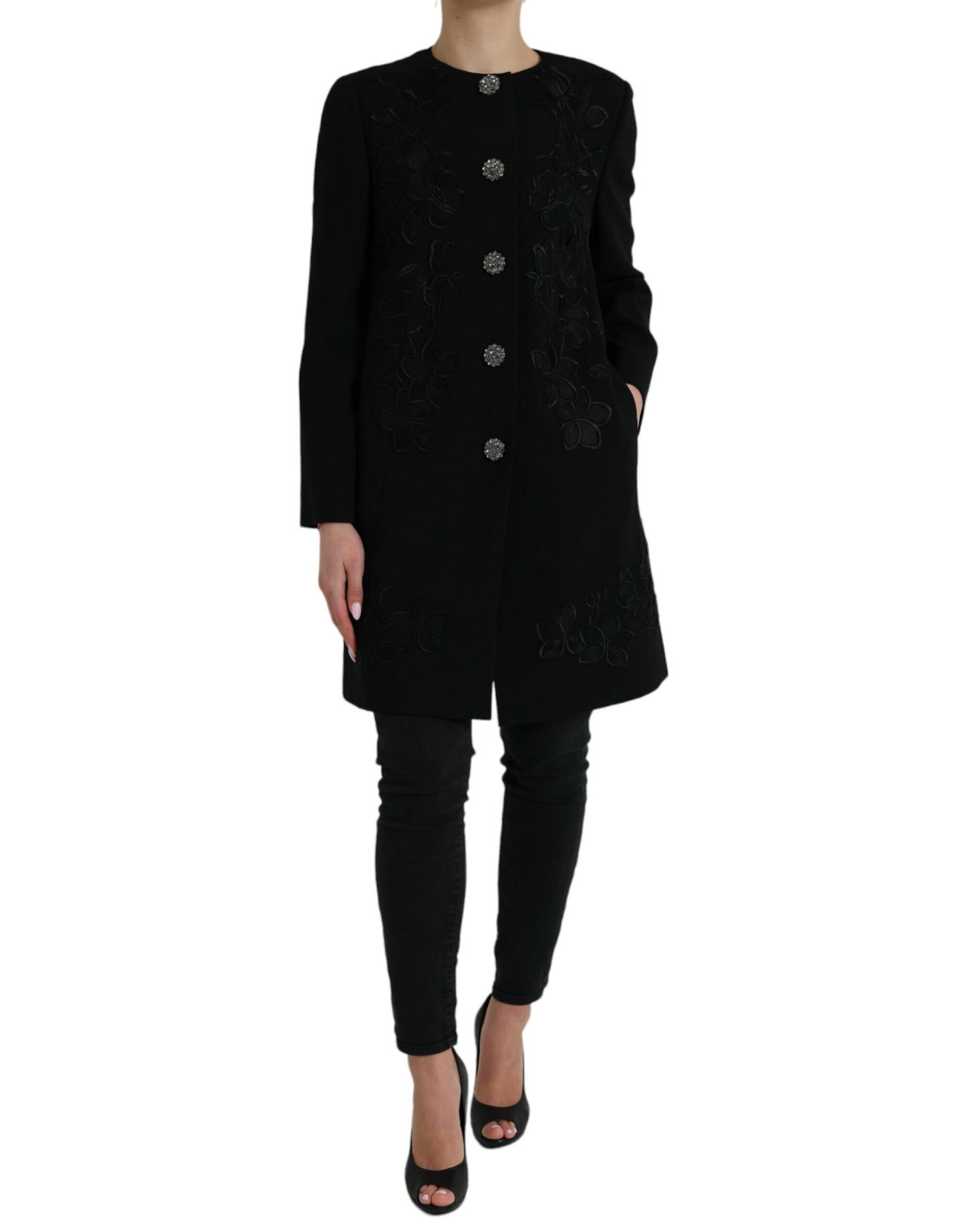  - Elegant Floral Buttoned Wool Trench Coat