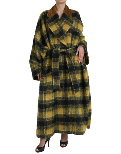  - Chic Checkered Long Trench Coat in Sunny Yellow