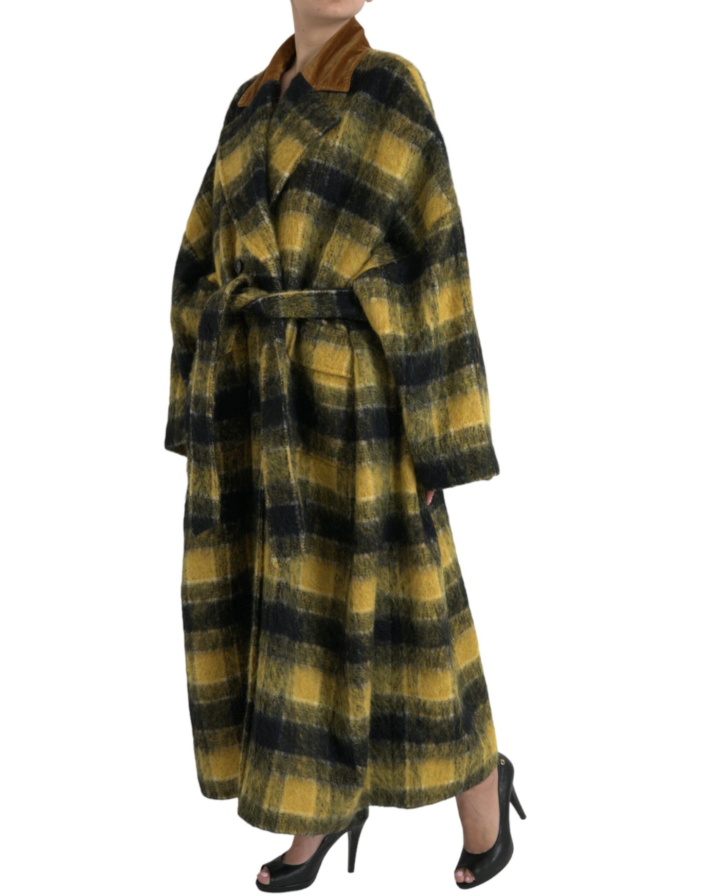  - Chic Checkered Long Trench Coat in Sunny Yellow