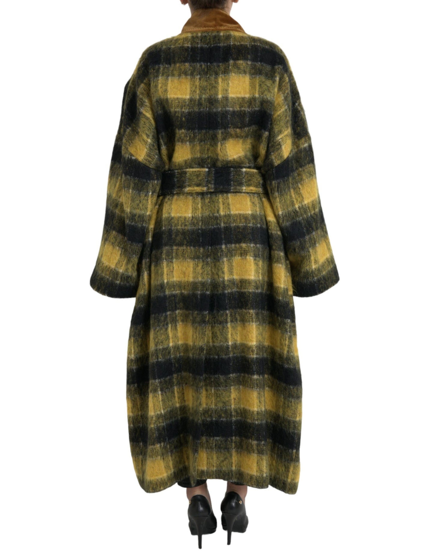  - Chic Checkered Long Trench Coat in Sunny Yellow