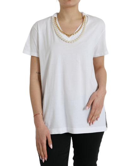  - Elegant White Cotton Tee with Necklace Detail