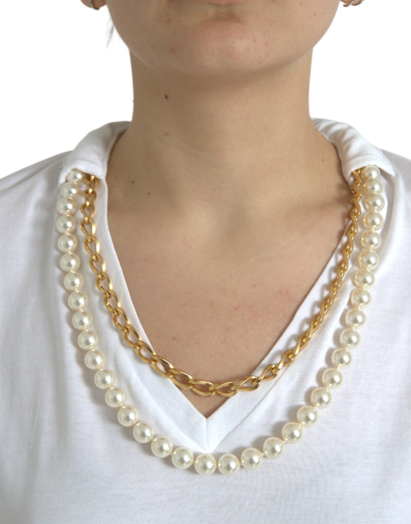  - Elegant White Cotton Tee with Necklace Detail