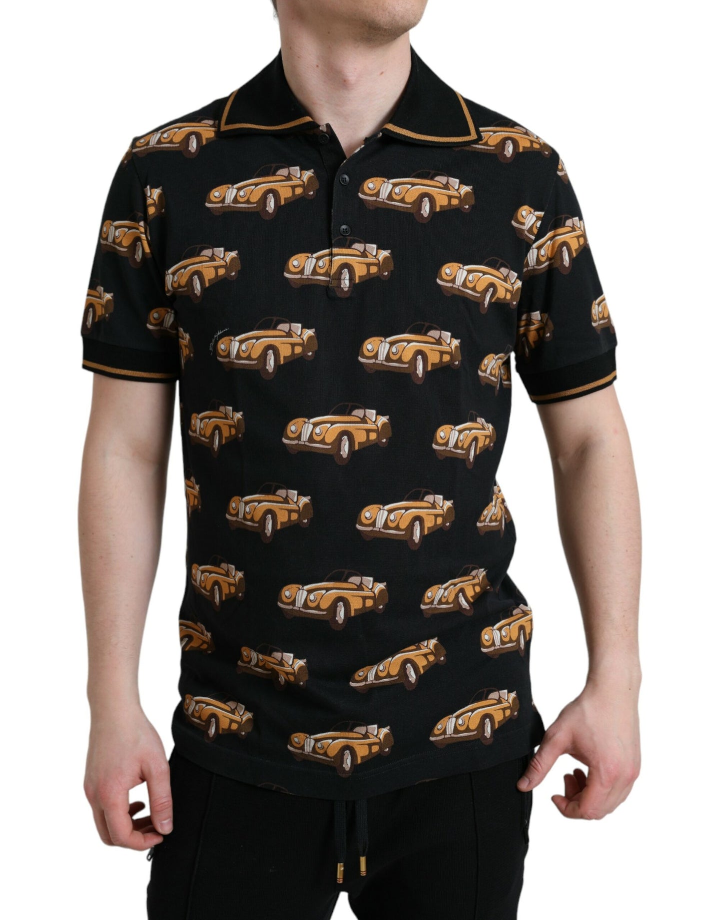  - Black Car Print Short Sleeve Polo T-shirt