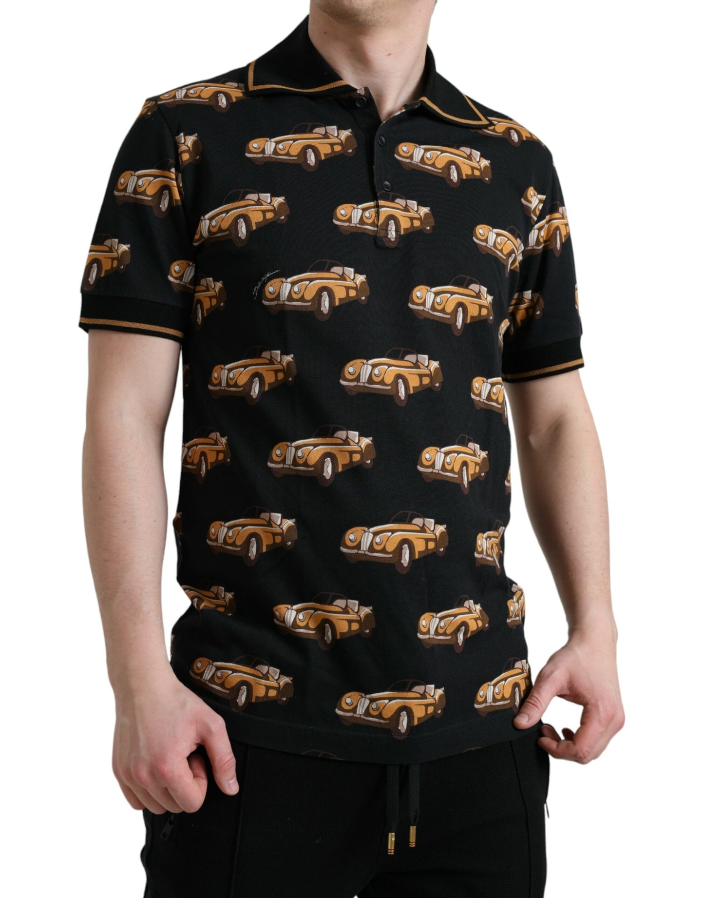  - Black Car Print Short Sleeve Polo T-shirt