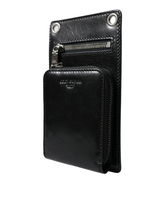  - Black Calf Leather Zip Logo Shoulder Neck Strap Wallet