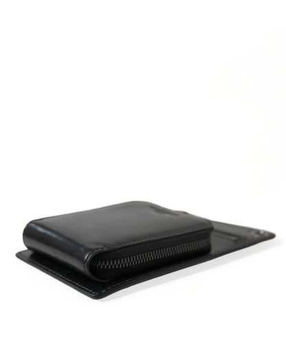  - Black Calf Leather Zip Logo Shoulder Neck Strap Wallet