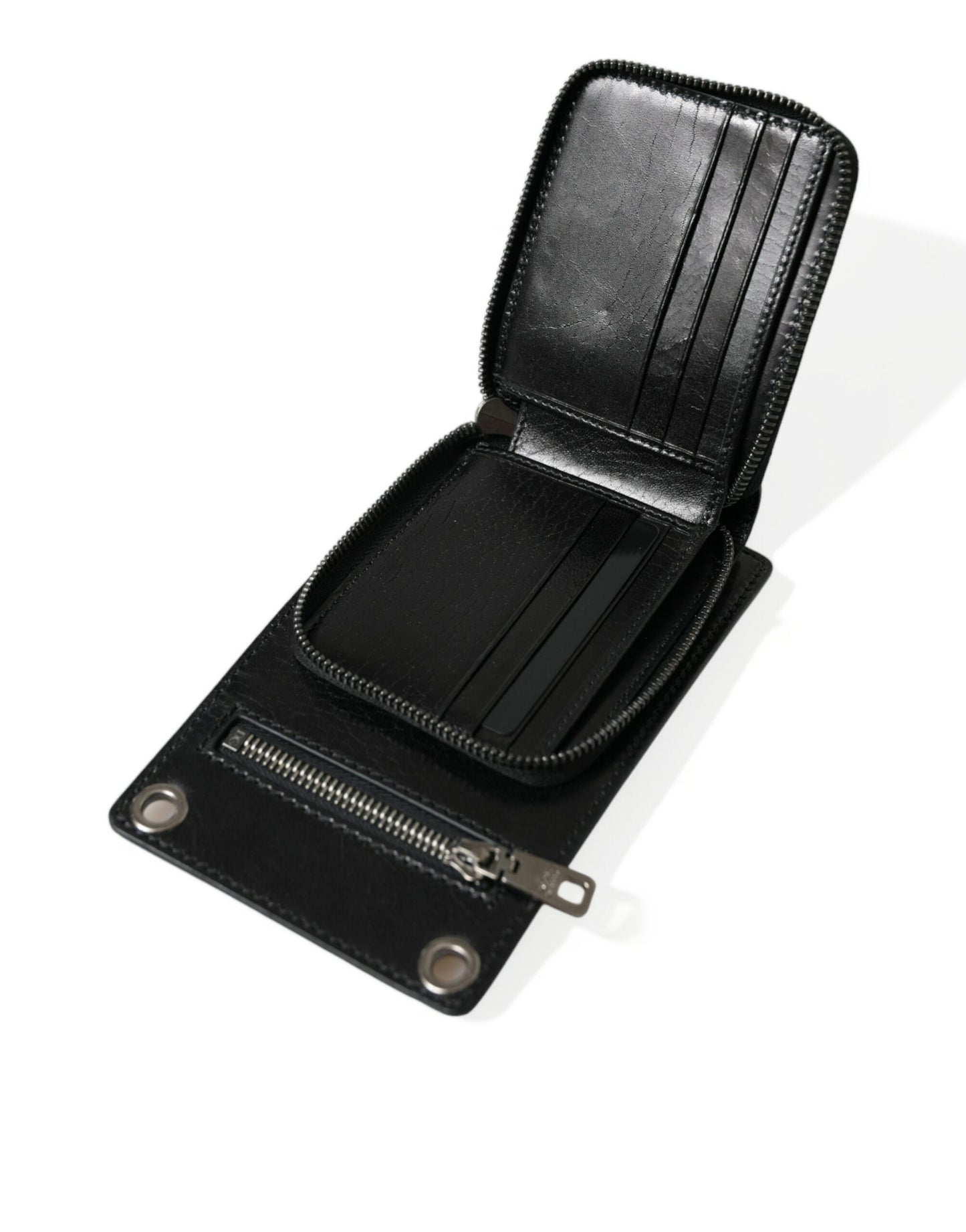  - Black Calf Leather Zip Logo Shoulder Neck Strap Wallet