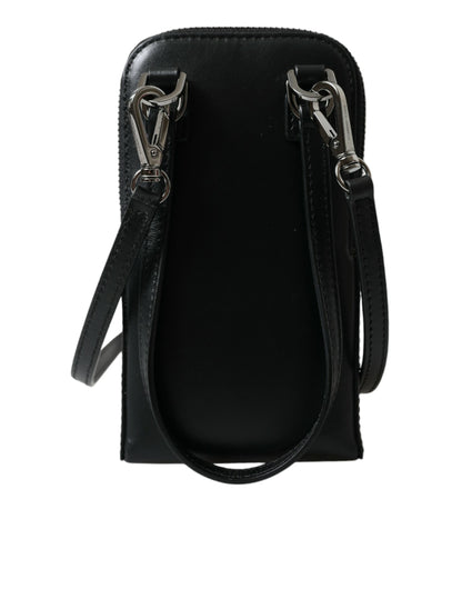  - Black Leather Zip Around Logo Print Lanyard Strap Wallet