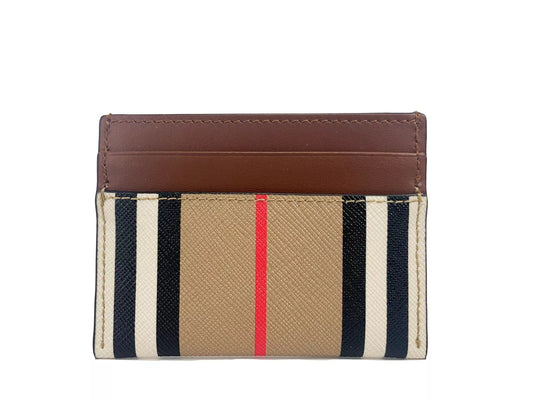  - Sandon Tan Canvas Check Printed Leather Slim Card Case Wallet