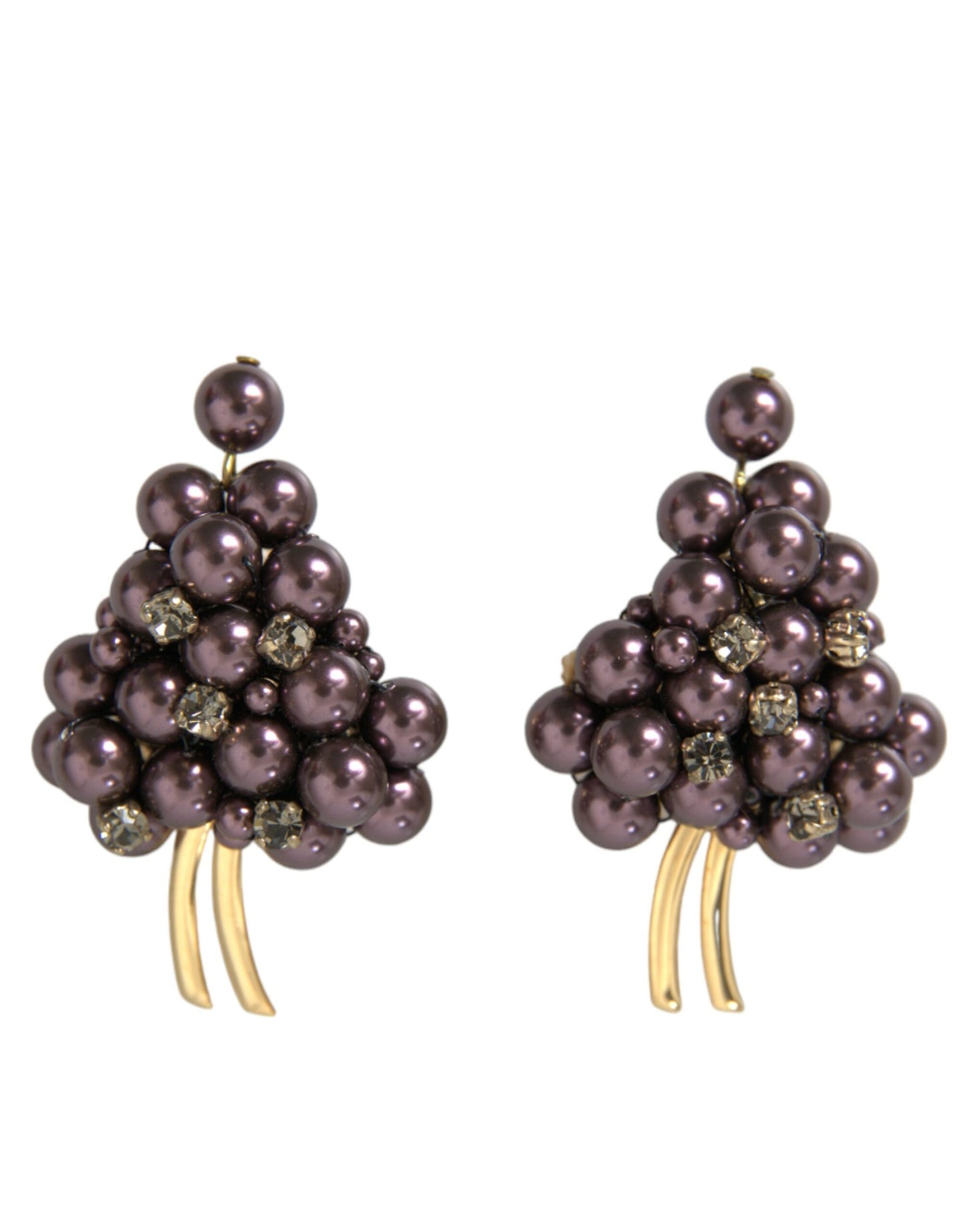  - Purple Grape Pearl Sicily Gold Brass Floral Clip On Earrings