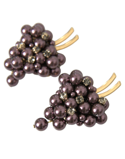  - Purple Grape Pearl Sicily Gold Brass Floral Clip On Earrings