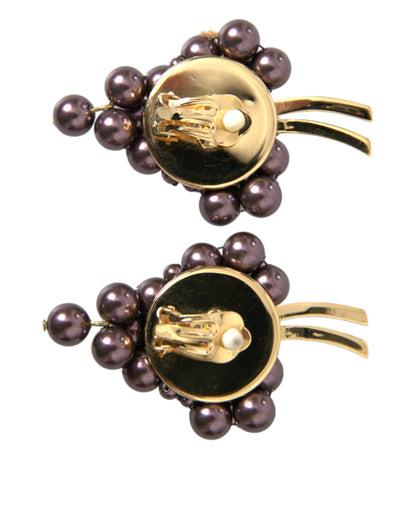  - Purple Grape Pearl Sicily Gold Brass Floral Clip On Earrings