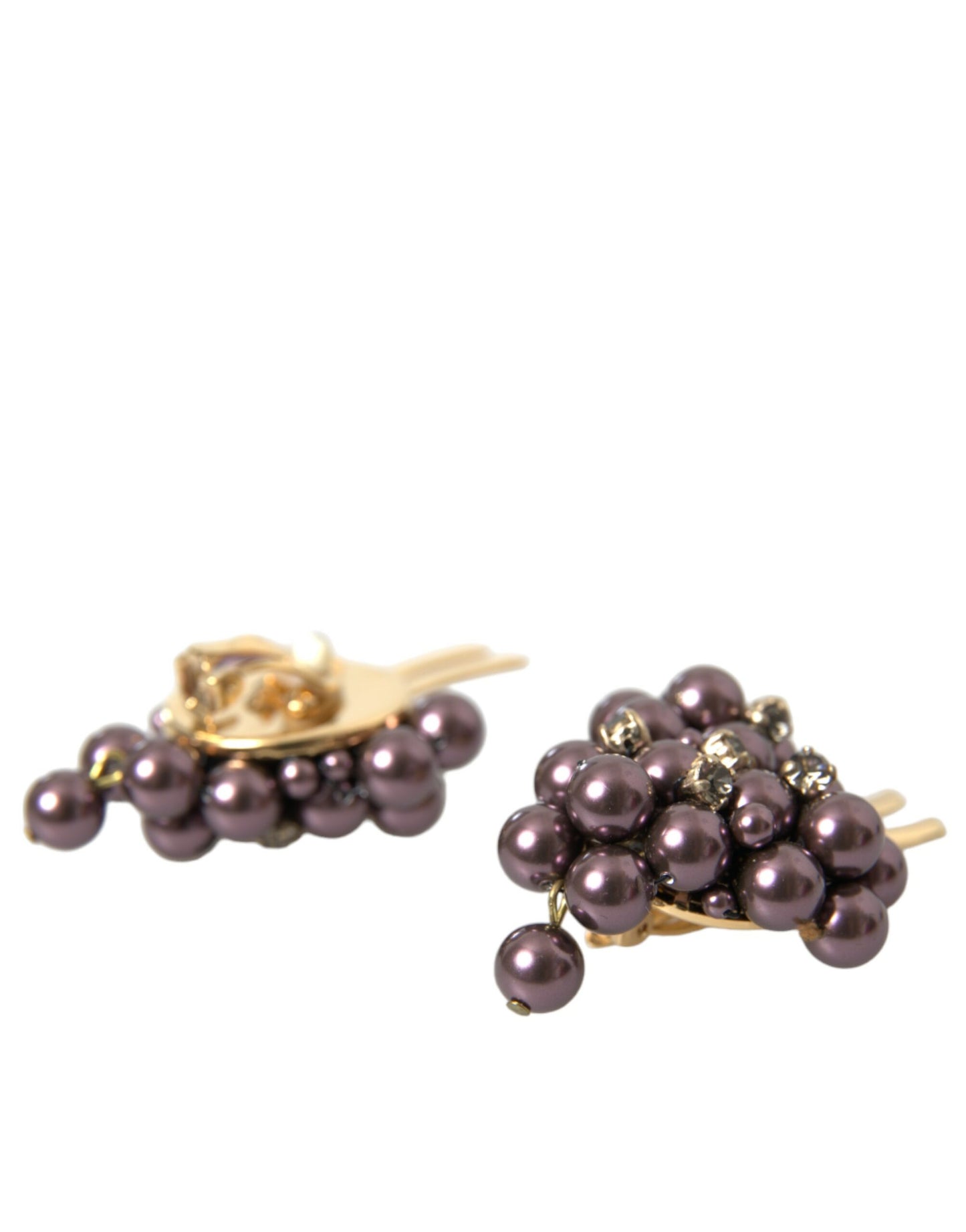  - Purple Grape Pearl Sicily Gold Brass Floral Clip On Earrings