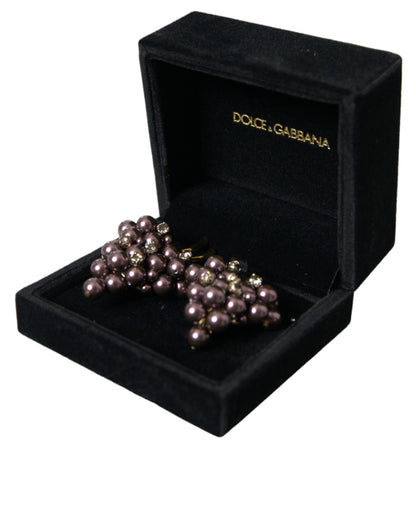  - Purple Grape Pearl Sicily Gold Brass Floral Clip On Earrings