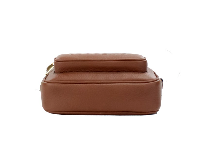  - Small Branded Tan Brown Leather Camera Crossbody Bag