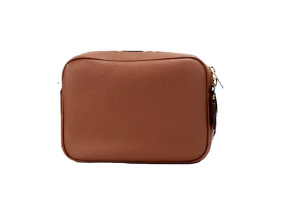  - Small Branded Tan Brown Leather Camera Crossbody Bag