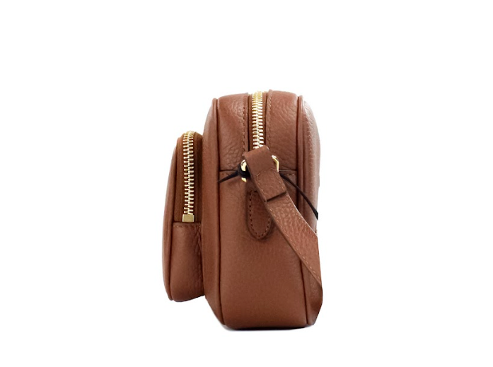  - Small Branded Tan Brown Leather Camera Crossbody Bag