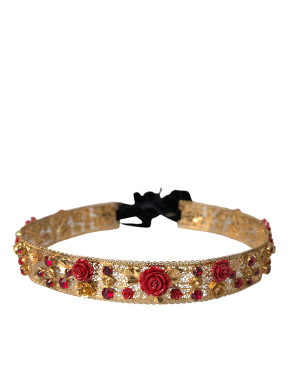  - Gold Brass Red Roses Crystal Jewel Waist Belt