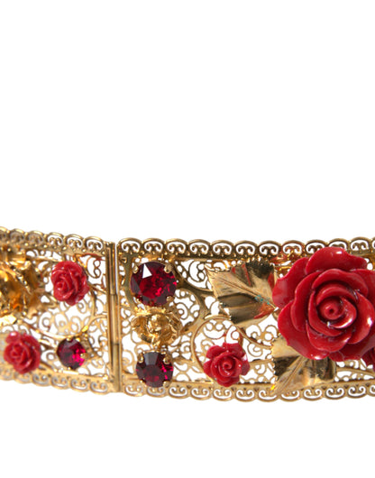  - Gold Brass Red Roses Crystal Jewel Waist Belt