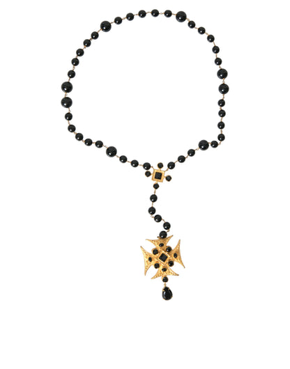  - Gold Tone Brass Cross Black Beaded Chain Rosary Necklace