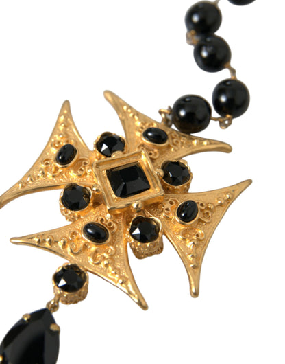  - Gold Tone Brass Cross Black Beaded Chain Rosary Necklace