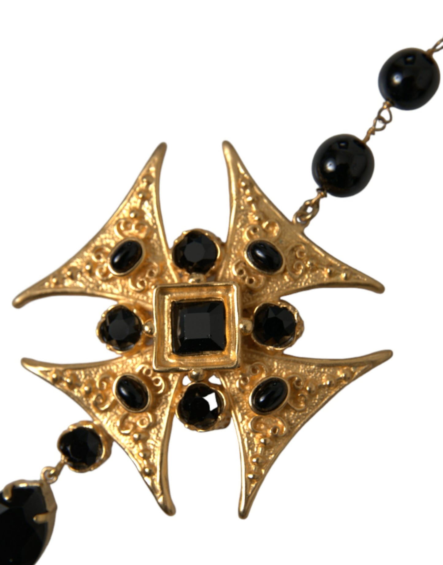  - Gold Tone Brass Cross Black Beaded Chain Rosary Necklace