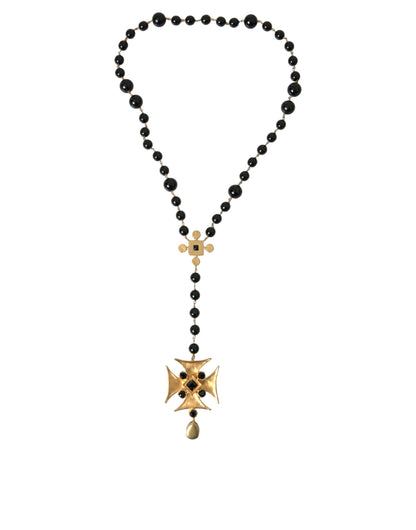  - Gold Tone Brass Cross Black Beaded Chain Rosary Necklace