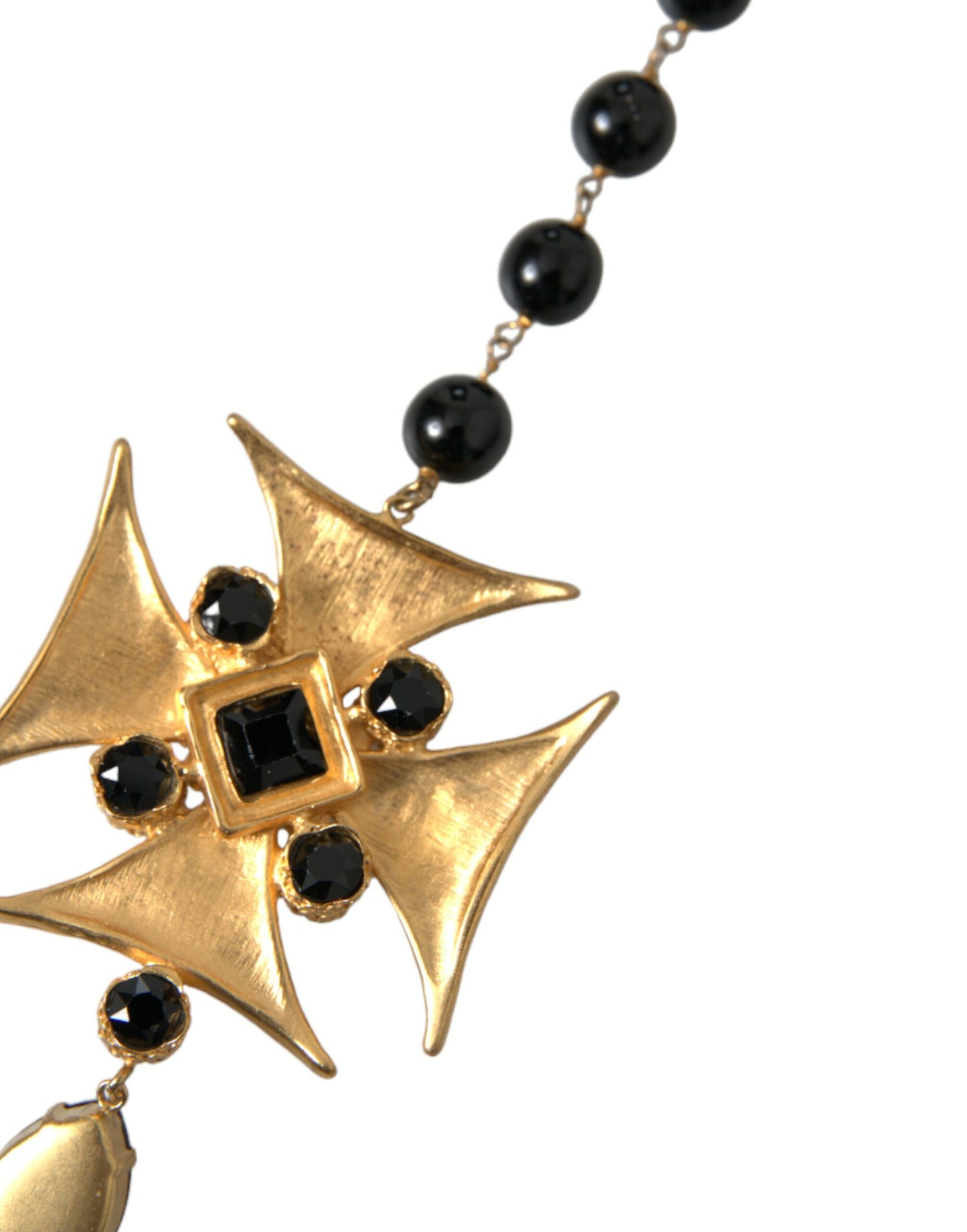  - Gold Tone Brass Cross Black Beaded Chain Rosary Necklace