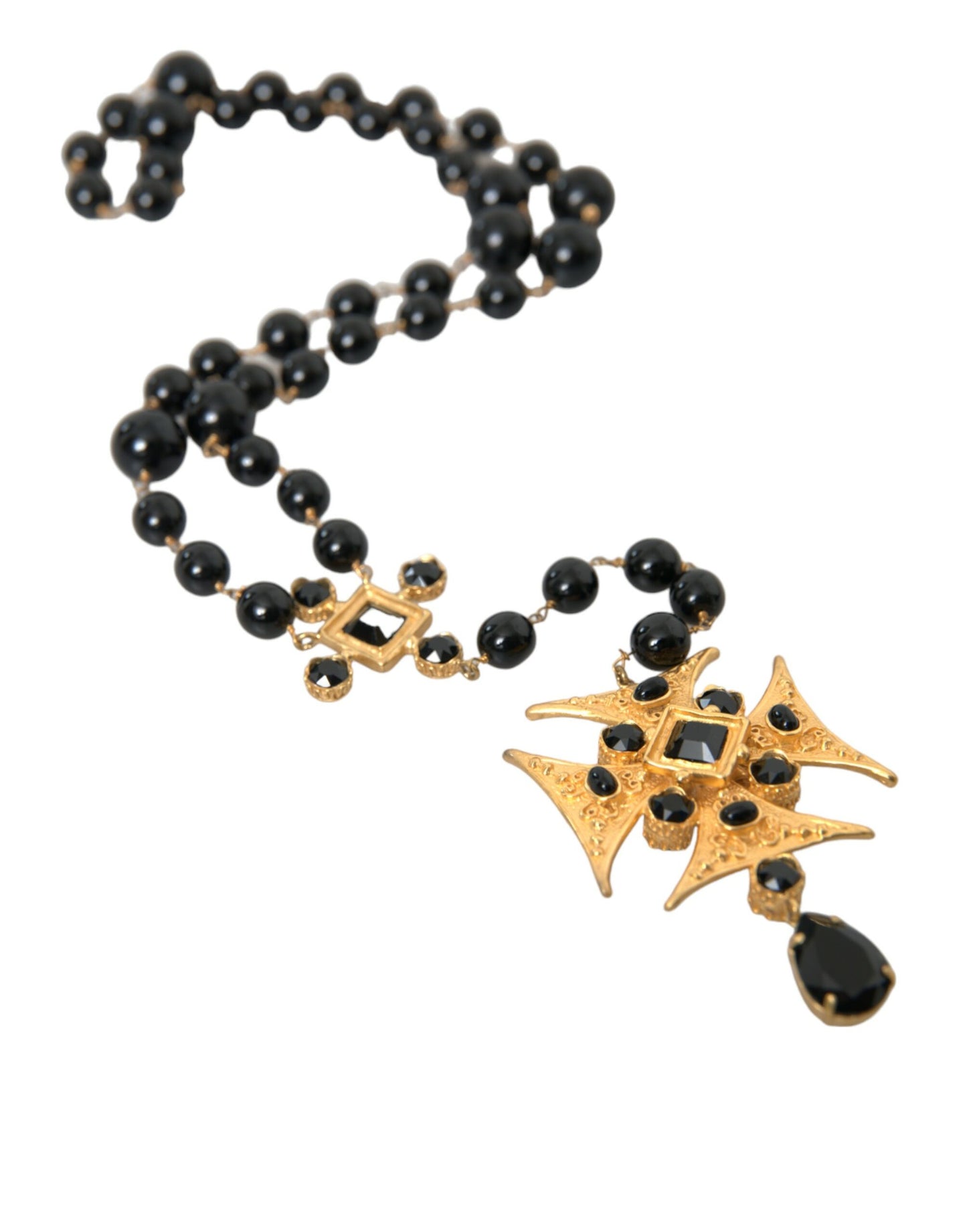  - Gold Tone Brass Cross Black Beaded Chain Rosary Necklace