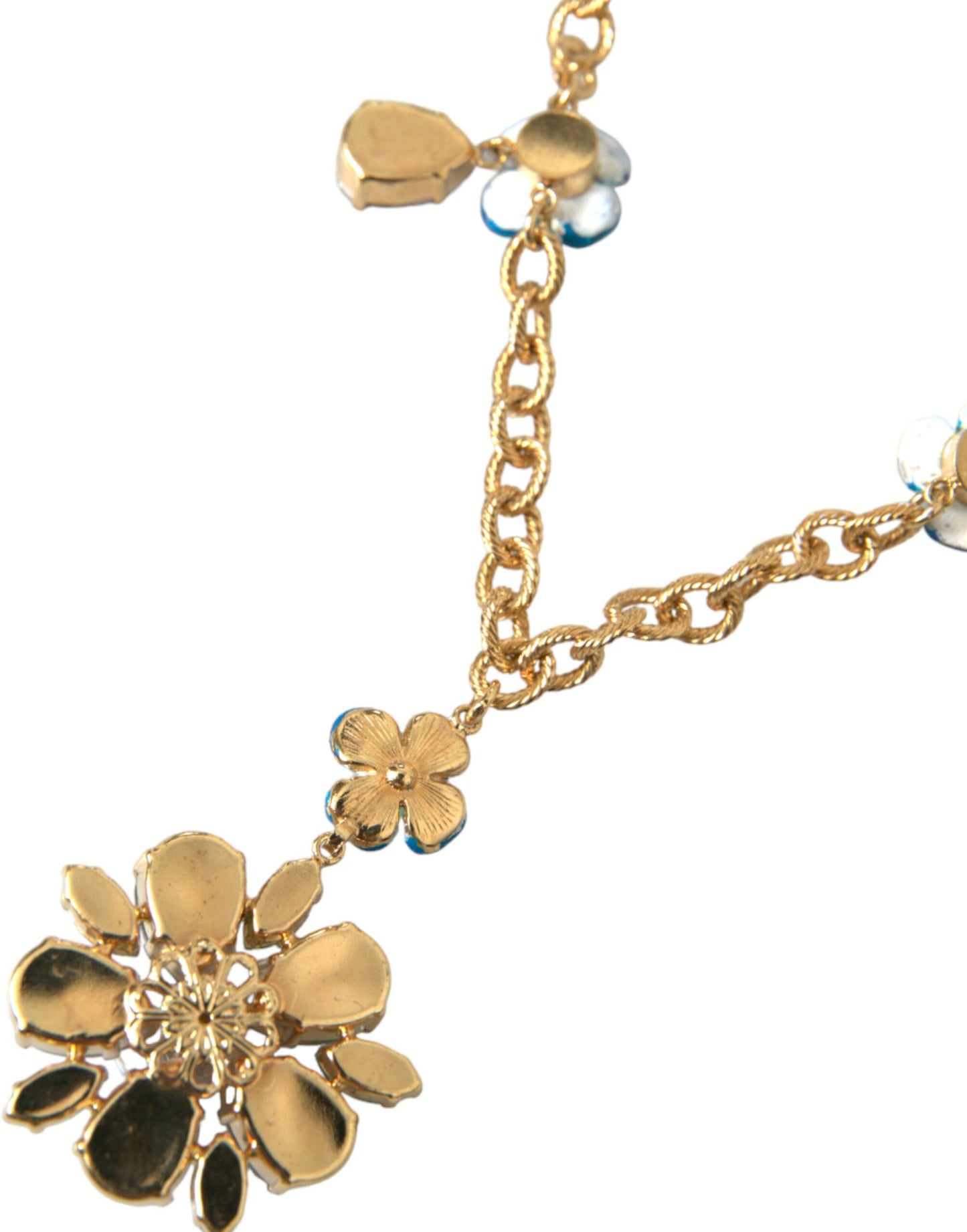  - Gold Brass Chain Crystal Floral Pendant Charm Necklace