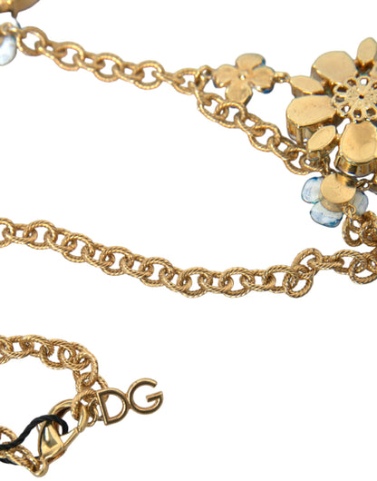  - Gold Brass Chain Crystal Floral Pendant Charm Necklace