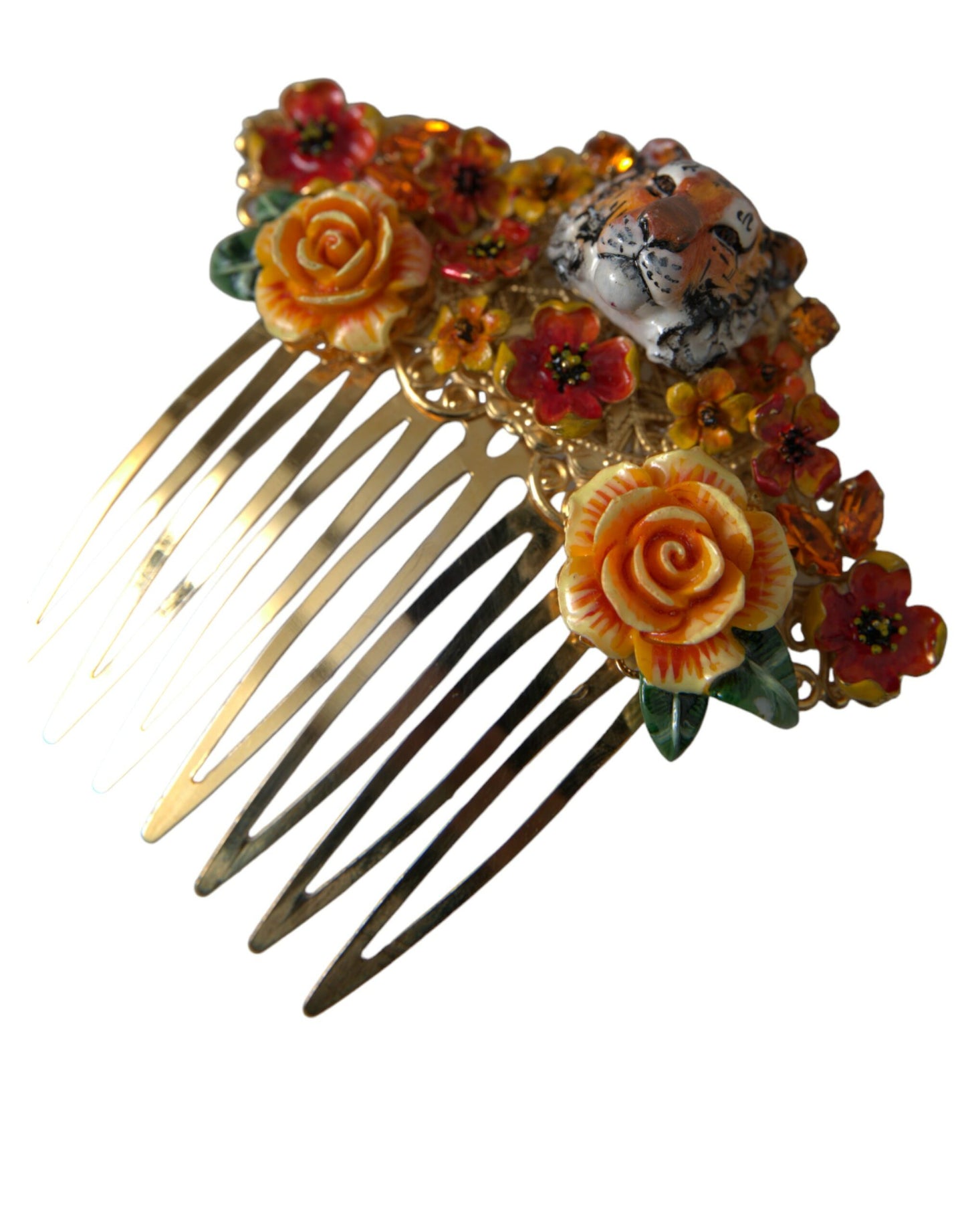  - Gold Brass Crystal Leopard Floral Hair Comb