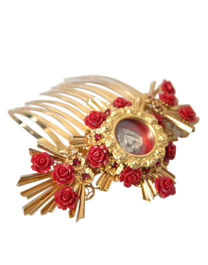  - Gold Brass Crystal Heart Floral Hair Comb