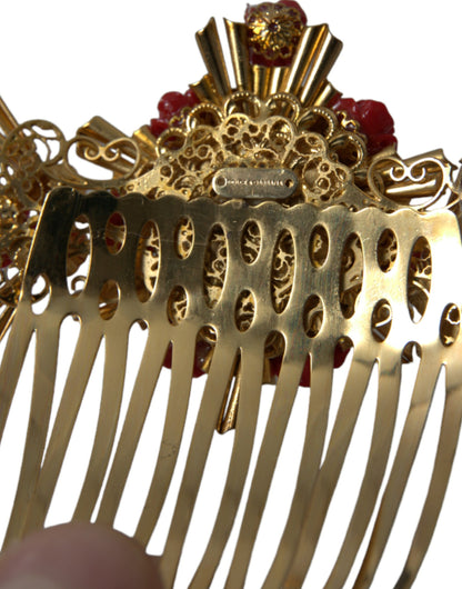  - Gold Brass Crystal Heart Floral Hair Comb