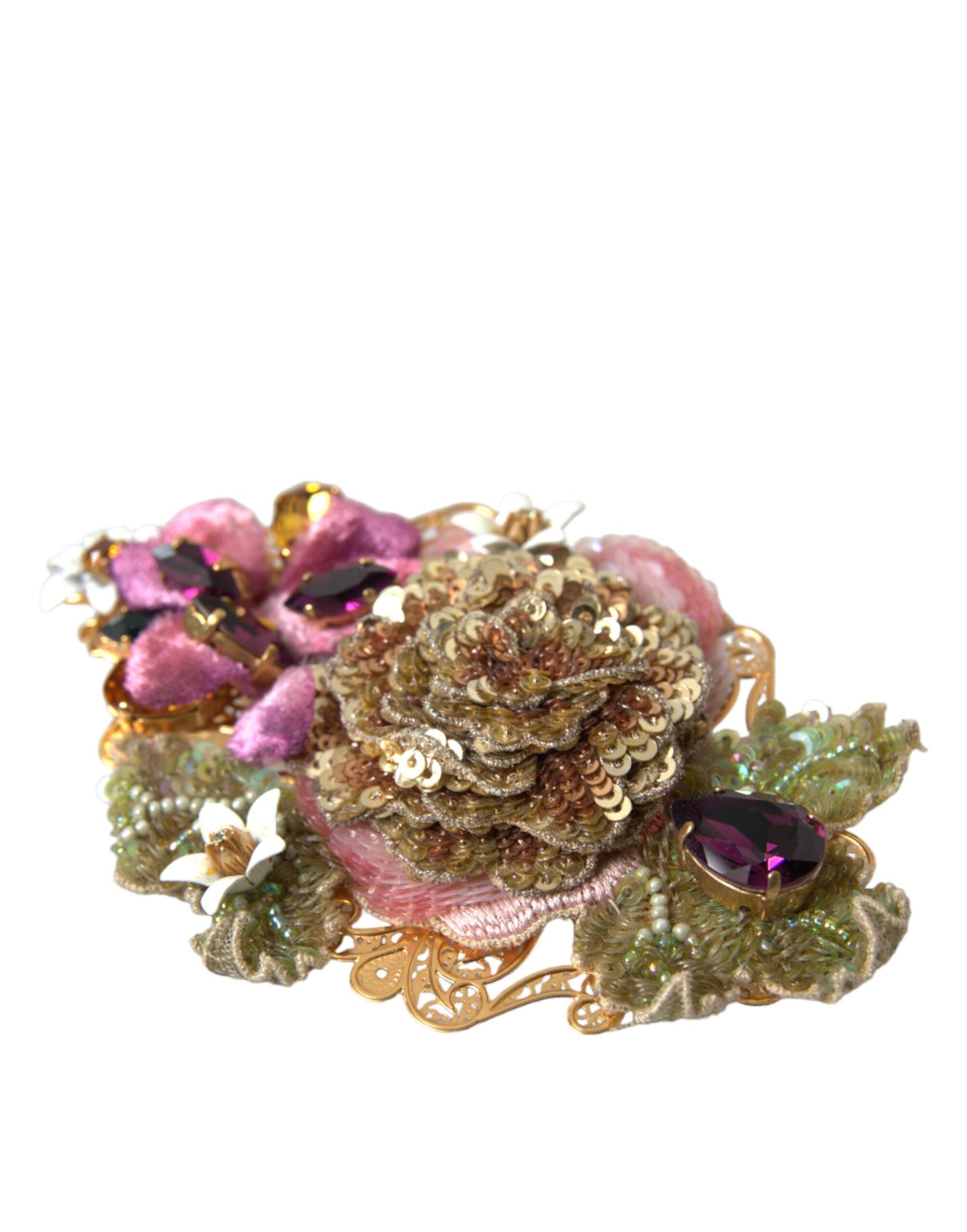  - Gold Brass Floral Crystal Sequined Hair Clip