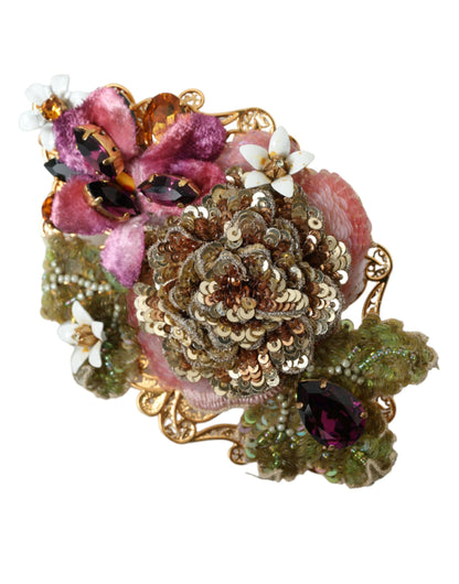  - Gold Brass Floral Crystal Sequined Hair Clip